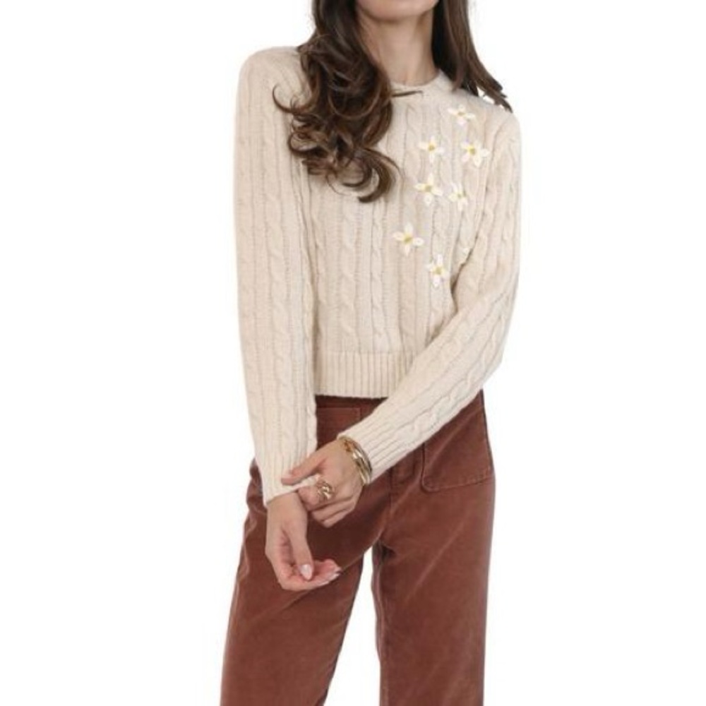 Sadie & Sage Cable Knit Sweater M | Cream Floral Embroidered
